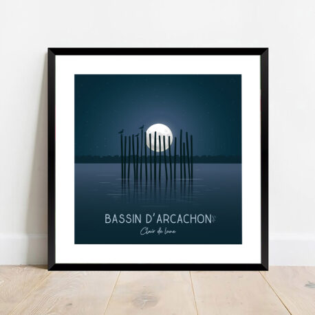 Affiche illustrée du Bassin d'Arcachon au clair de lune