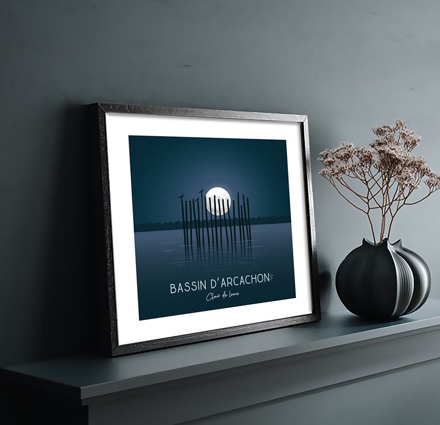 Affiche illustrée du Bassin d'Arcachon au clair de lune
